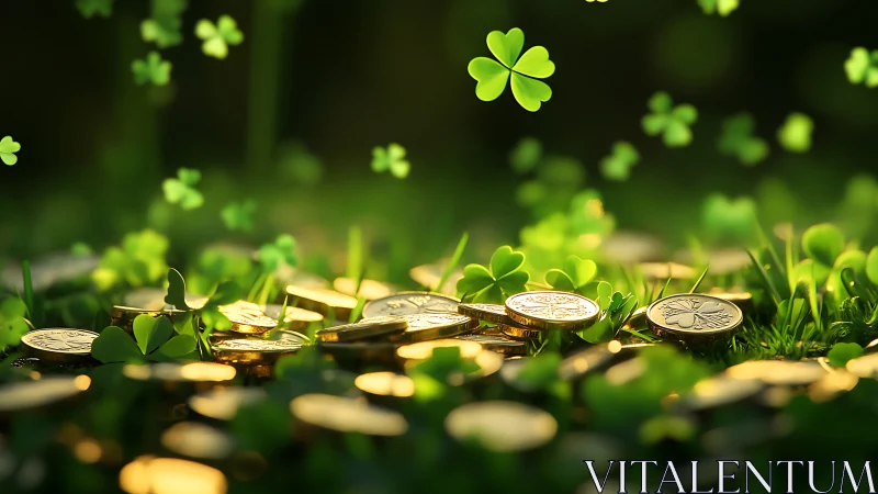 Golden coins sparkle among shamrocks in soft spring light