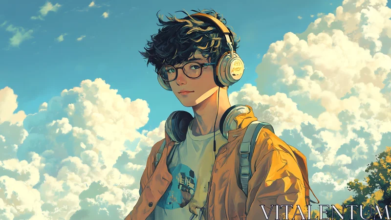 Dreamy teen with headphones stands under bright summer clouds.