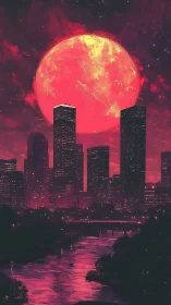 Urban skyline under oversized red celestial body at night.