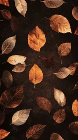 Autumnal leaf matrix on textured dark ground surface.