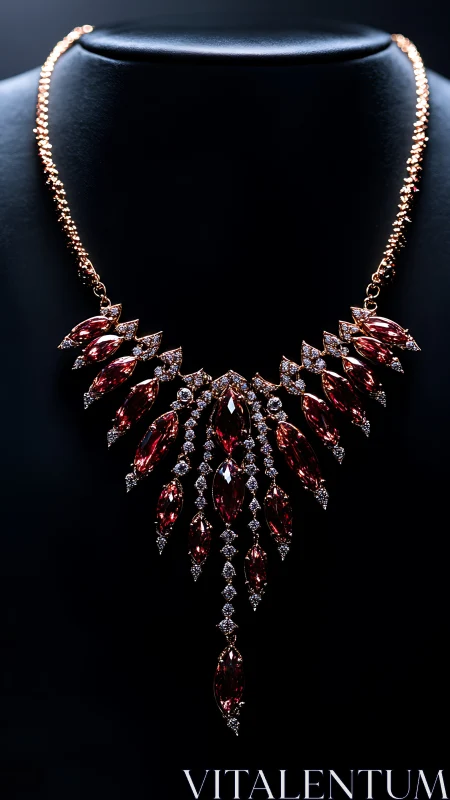 Photorealistic ruby fan necklace on black bust display stand.