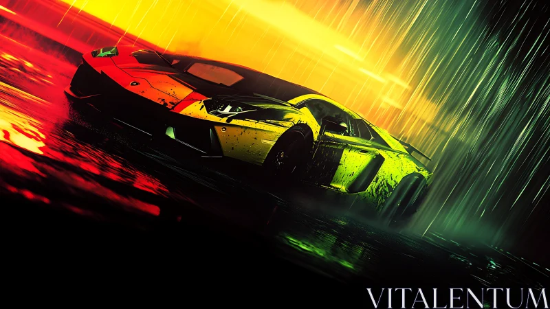 Supercar rendered in neon rain with high contrast reflections