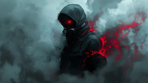 Crimson-eyed wraith in toxic fog, burning through shadows.