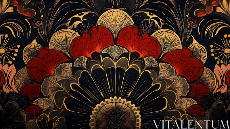 Baroque midnight garden ablaze with red and gilt blooms.