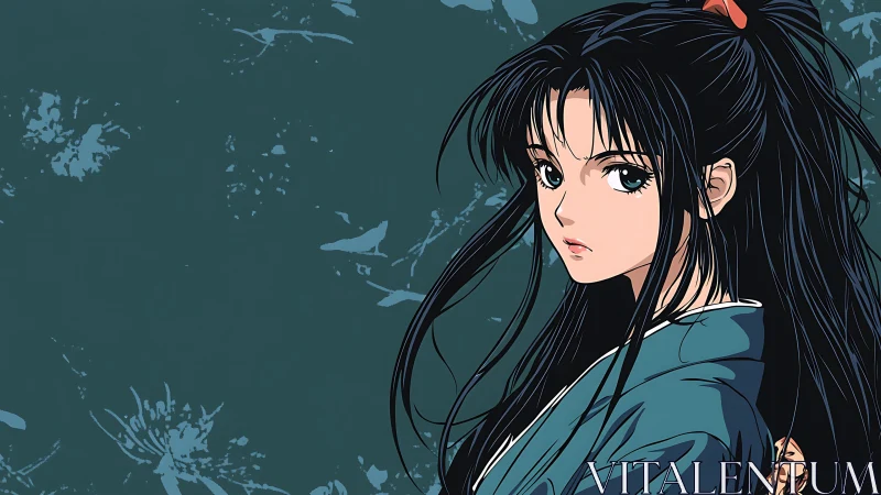Dark-haired anime heroine gazes back in muted teal aura