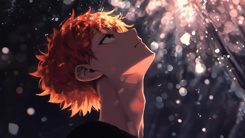 Orange haired youth studies drifting light in night air.