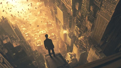Solitary figure over collapsing golden cityscape abyss.