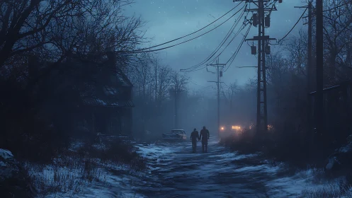 Snowy rural road holds eerie blue night silence.