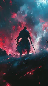 Digital painting of lone warrior in apocalyptic chromatic storm.