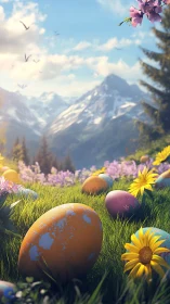 Digital painting of Easter meadow with alpine panoramic depth.