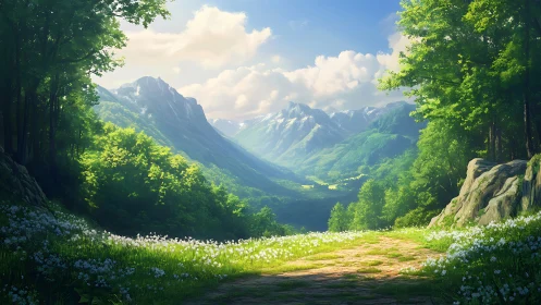 Sunlit alpine valley with forested trail rendered in digital realism
