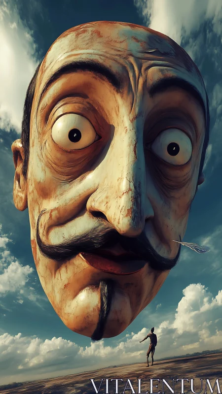 Gigantic stylized mustached head hovers over lone human figure