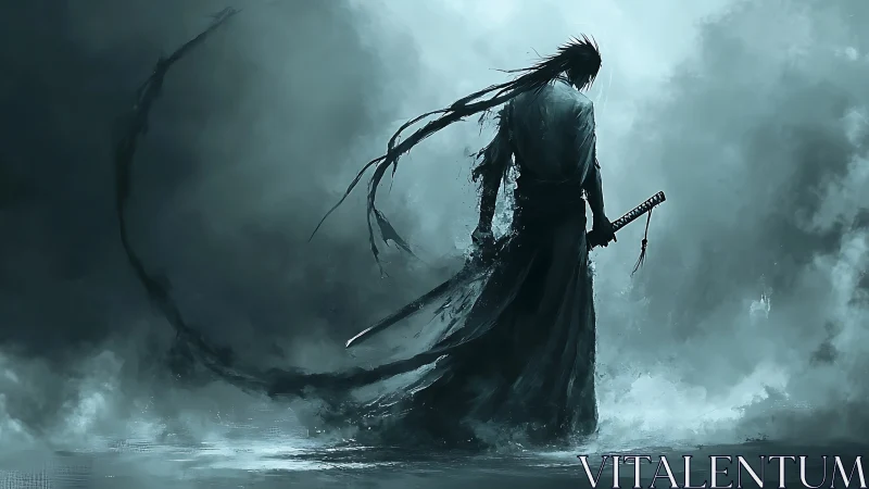 Stormlit samurai stands calm as shadows curl around him