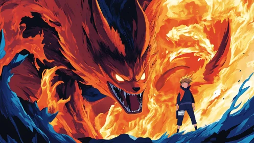 Fiery fox-like beast looming behind lone figure in flames.