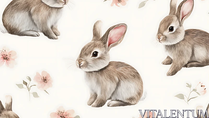 Softly rendered brown rabbits in repeating floral surface pattern