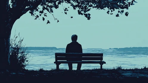 Solitary figure on lakeside bench under broad tree canopy.