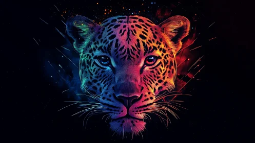 Neon glowing leopard head with bilateral color gradient lighting.