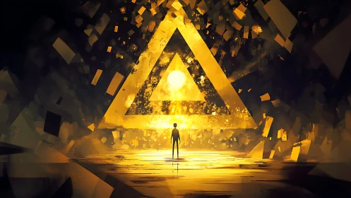 Wanderer steps into a glowing golden triangle gateway.