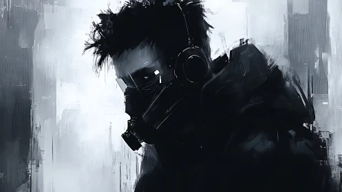 Masked cyberpunk vigilante stands in stark monochrome light.