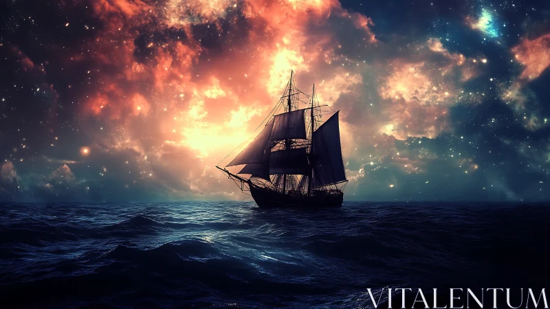 Starlit tall ship sailing beneath radiant cosmic nebula sky.