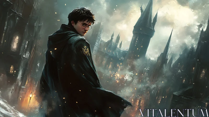 Cloaked young wizard before storm-lit gothic fortress.