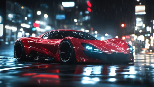 Red sports car sits low on wet city street at night
