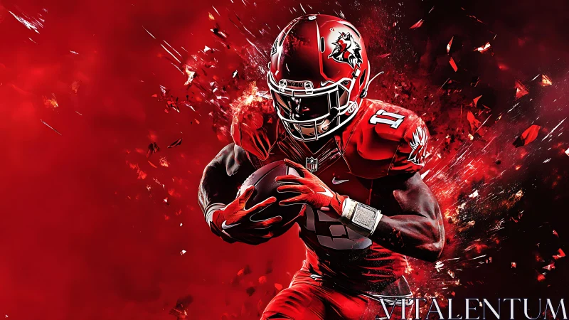 Intense red football runner with dynamic explosive energy.
