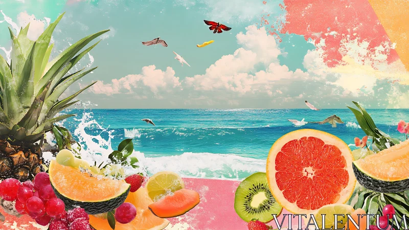 Tropical citrus seascape collage with dynamic fruit bursts.