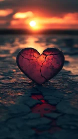 Cracked heart stone glows against sunset ocean horizon