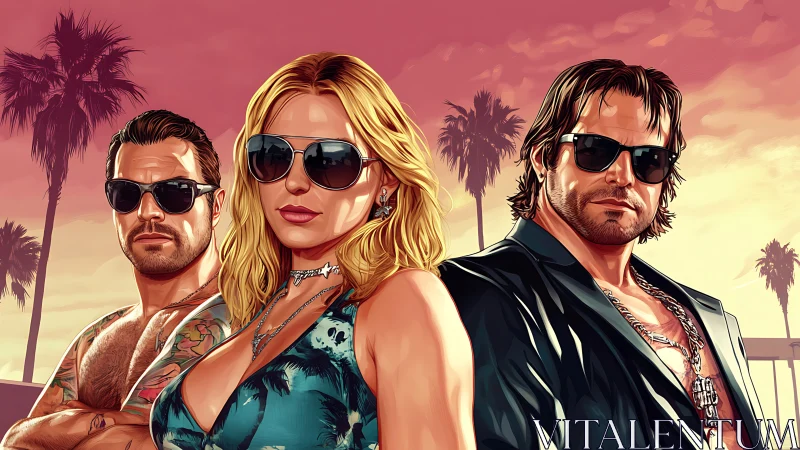 Sunset street trio in stylized neo-noir coastal portrait.