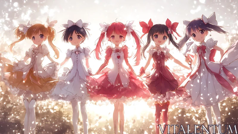 Magical girl quintet illuminated by backlit bokeh field