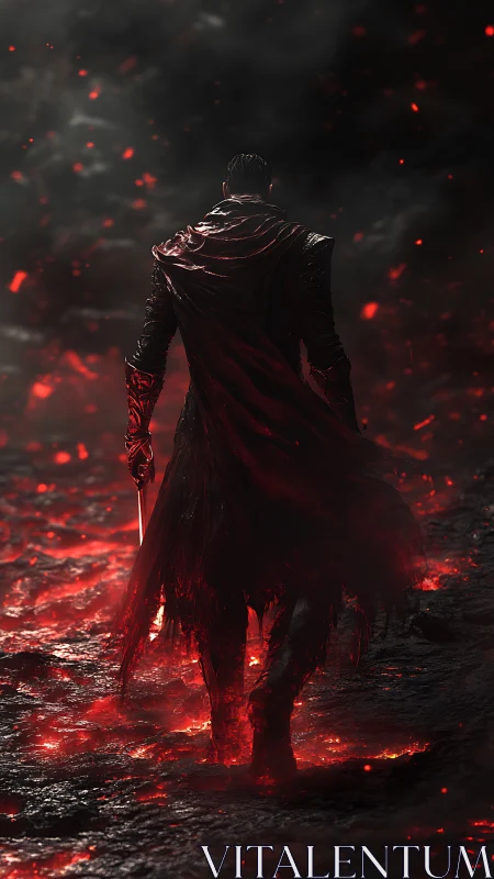 Dark warrior walking through glowing lava field at night.