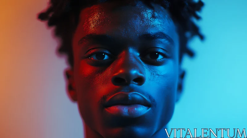 Portrait of young man in bold blue and red lighting.