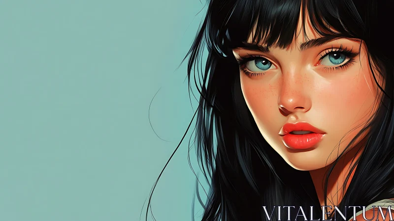 Striking teal-eyed portrait contrasts against soft mint backdrop.