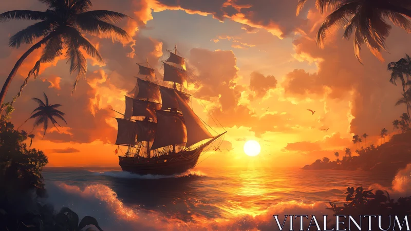 Tall ship sails past tropical island under vivid sunset sky
