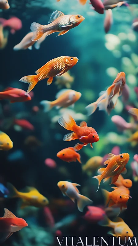 Goldfish group swimming in a dense aquarium environment.