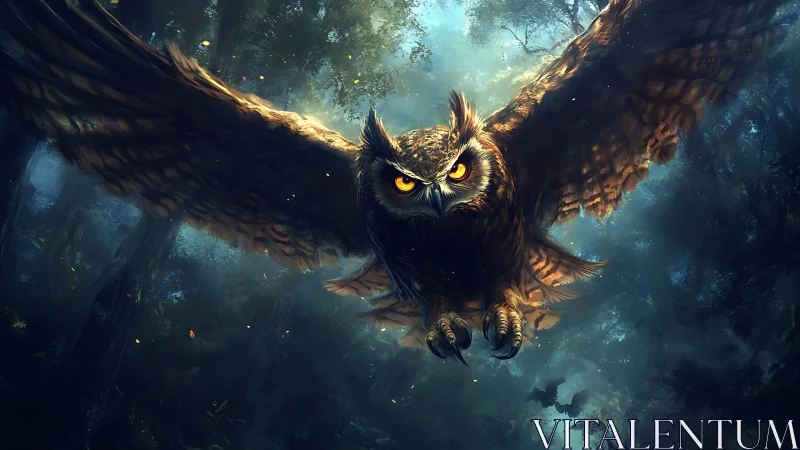 Majestic owl in flight through mystical forest, digital fantasy art.