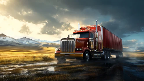 Crimson highway titan rolling through stormlit prairie dusk.