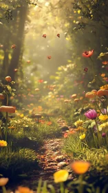 Sunlit forest path bordered by dense wildflower growth.