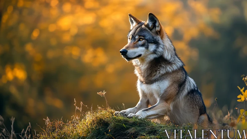 Golden hour wolf rests calmly on a sunlit forest hilltop