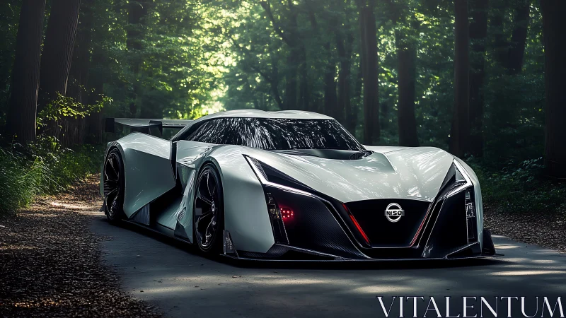Futuristic white concept hypercar sits on forest road