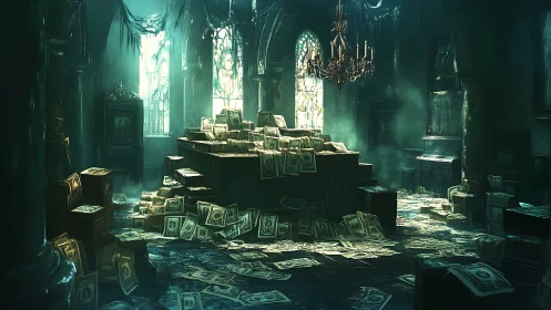 Cathedral of crumbling cash dozes under emerald dust light