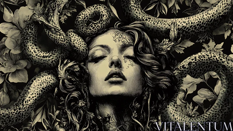 Serpentine forms encircling female face amid dense foliage.