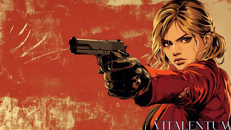 Woman with handgun aims forward against rough red backdrop