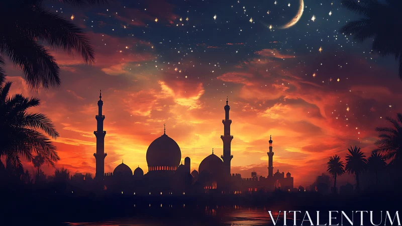 Twilight minarets whisper under ember skies and silver moon.