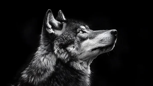 Lone wolf gazes upward in stark monochrome silence
