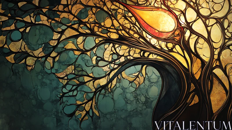 Sunlit neural tree bends twilight into molten stained glass