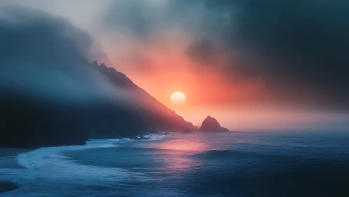 Fog-draped headland cradles a neon hush of ocean sunset.