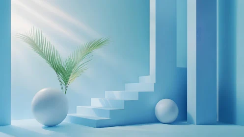 Minimalist blue interior with geometric shapes and palm leaf, modern style.