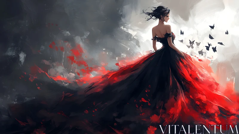 Stormlit lady in flowing red and black gown with butterflies.